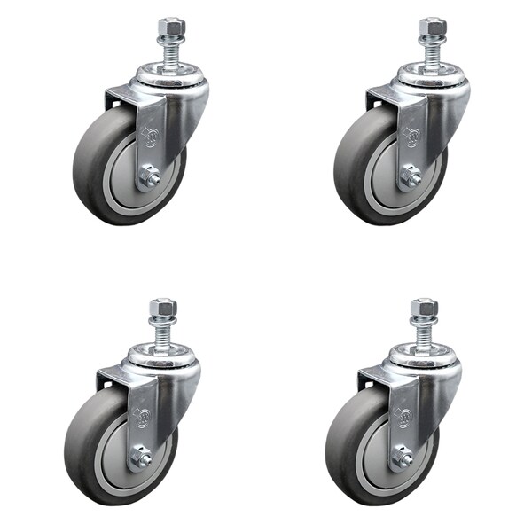 4 Inch SS Thermoplastic Rubber Wheel Swivel 1/2 Inch Threaded Stem Caster Set SCC